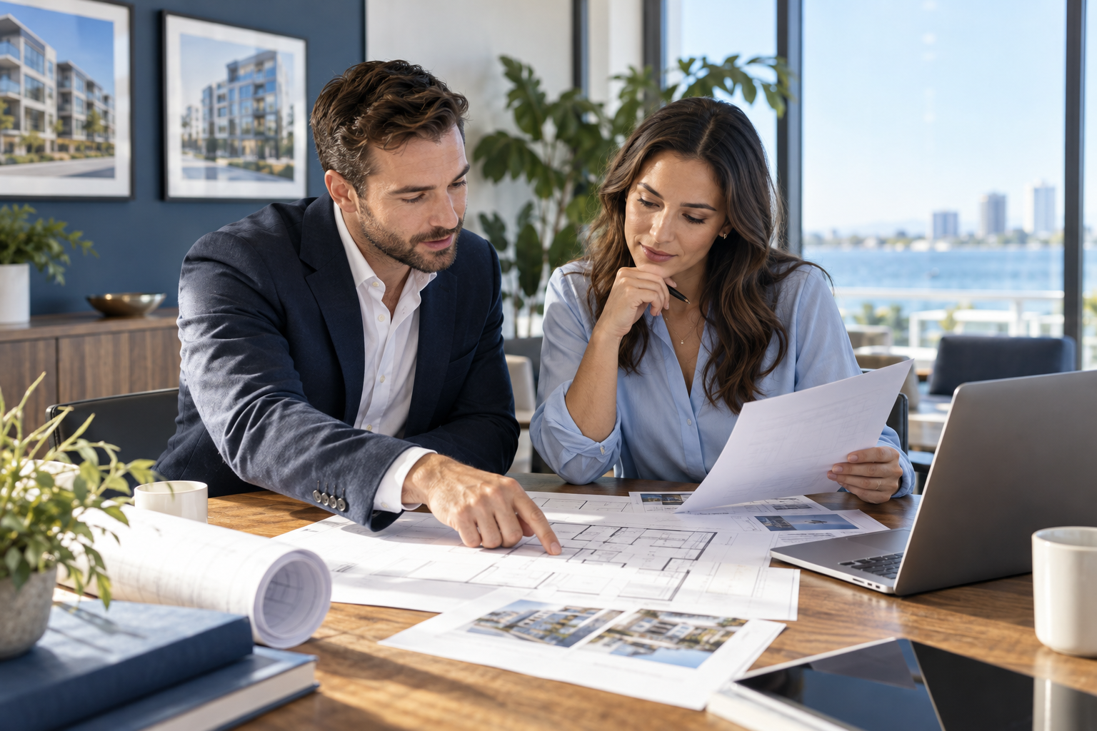 Professionals reviewing documents together in an office