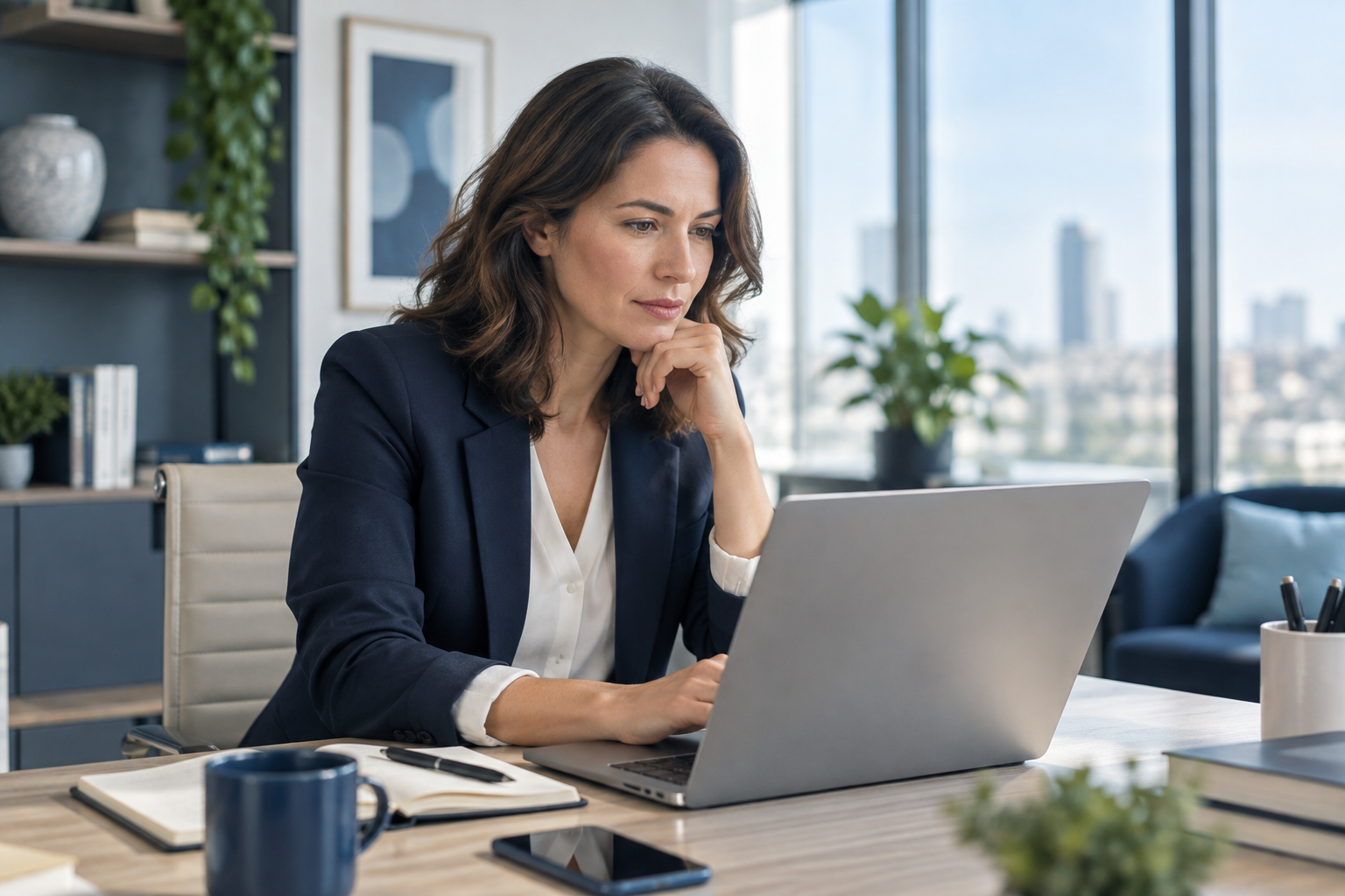 A remote professional focused on her work in a bright office